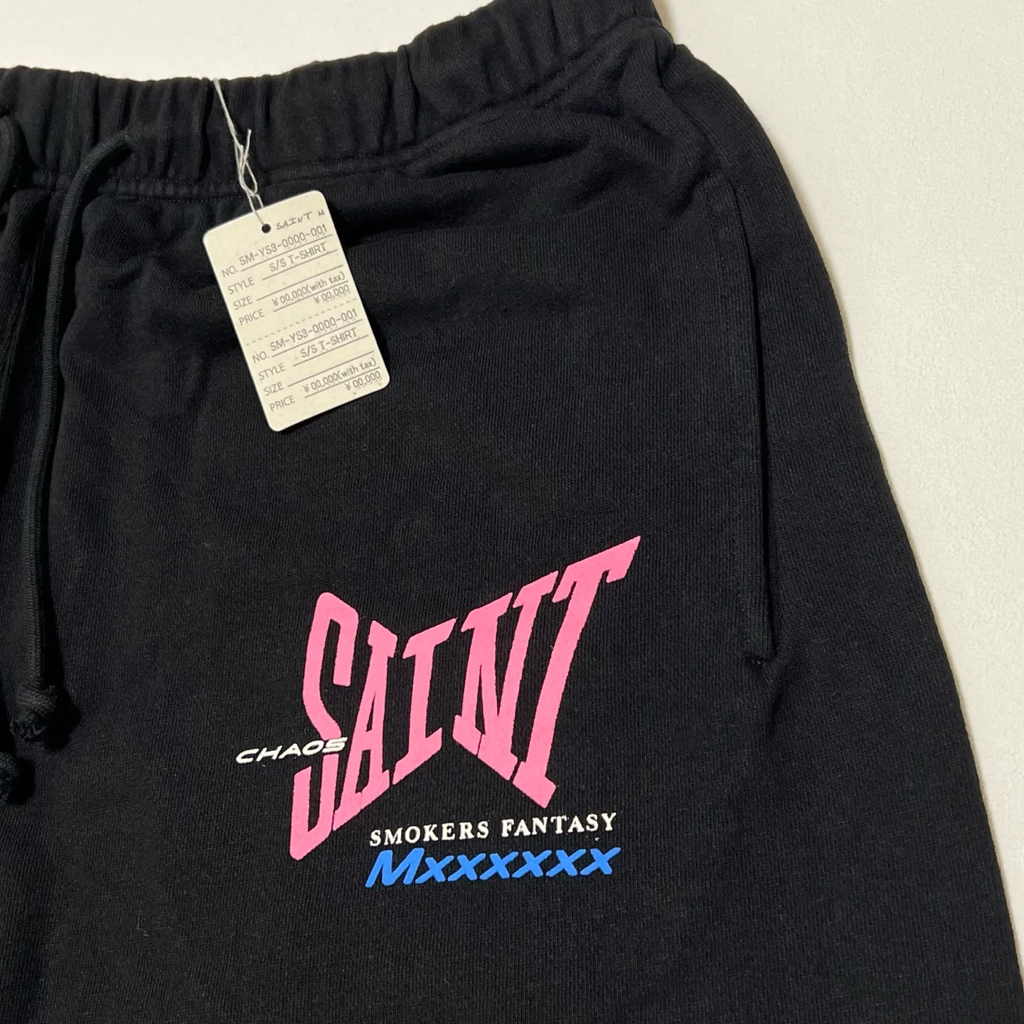 SAINT Mxxxxxx SWEAT SHORTS/RIBON SAINT/BLK pink SAINT LOGO shorts, black S-XL cotton and linen OE yarn fabric, stiff, light, comfortable and breathable, non-locking design, naturally rolled back after water, super handsome version, easy to match, original consistent main mark, wash water mark, little angel anti-counterfeiting mark